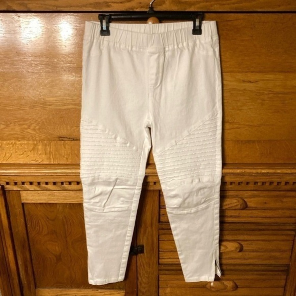 Umgee USA White Edgy Moto Leggings Elastic Waist Ribbed Knee Ankle Zip Plus 1XL